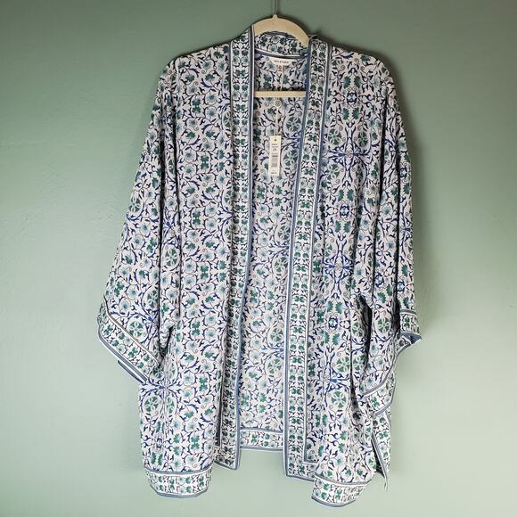 Max Studio Womens Crepe White Green Blue Multicolor Floral Boho Kimono Size 2X - Picture 1 of 6